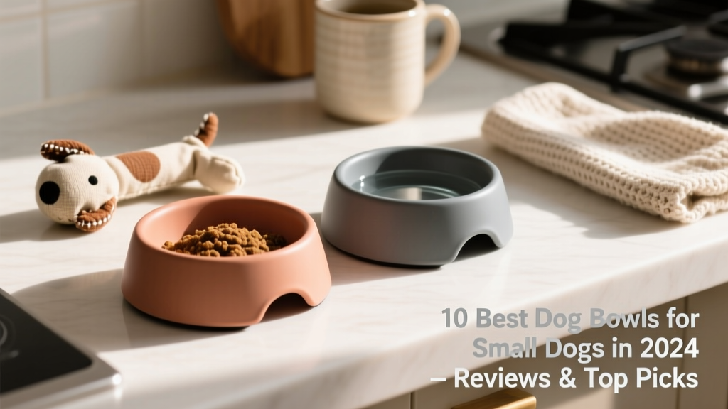 A set of two stylish, compact dog bowls—one for food, one for water—sitting side by side on a kitchen counter next to a small dog toy