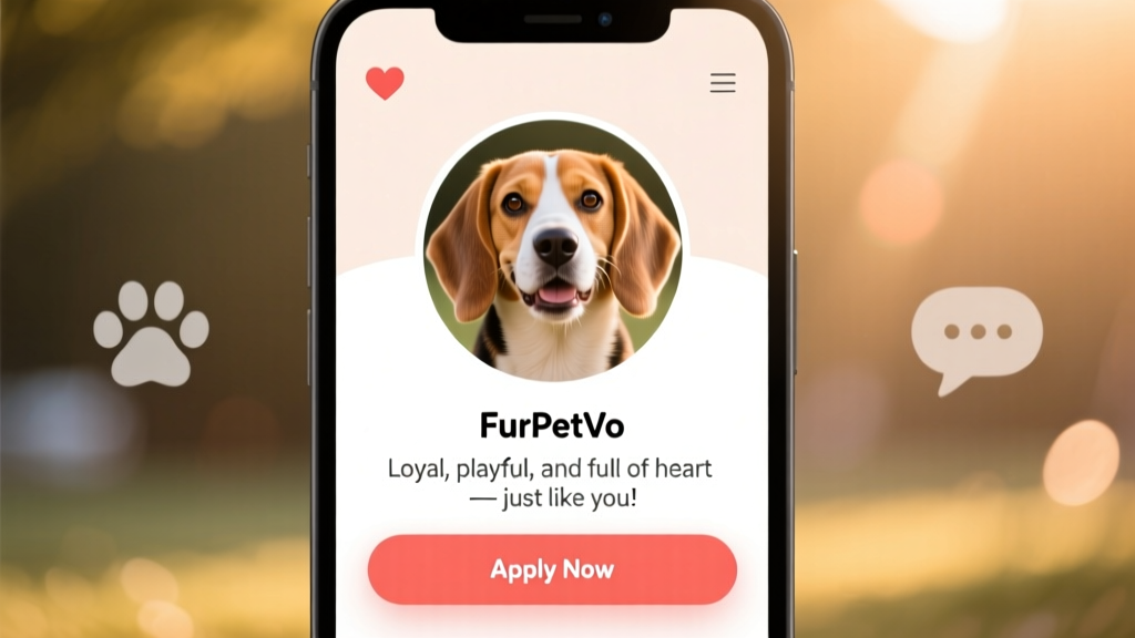 Screenshot-style image showing a friendly Beagle profile page on FurPetVo with photos, bio, and 'Apply Now' button