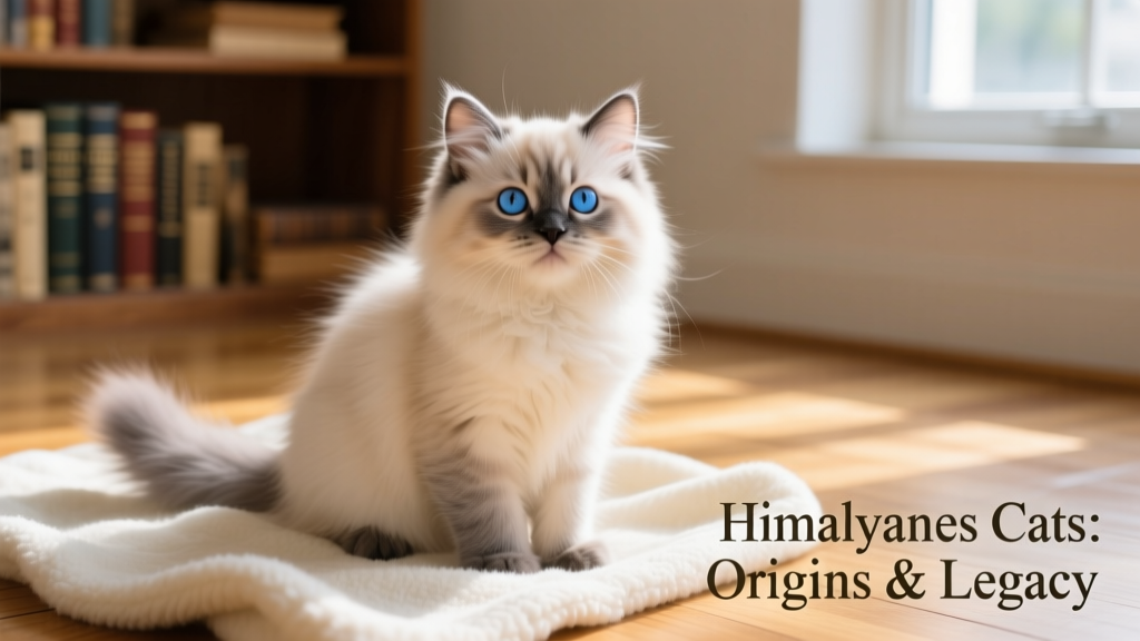 A young Himalayan kitten sitting on a soft blanket, showing faint early point markings on ears and tail