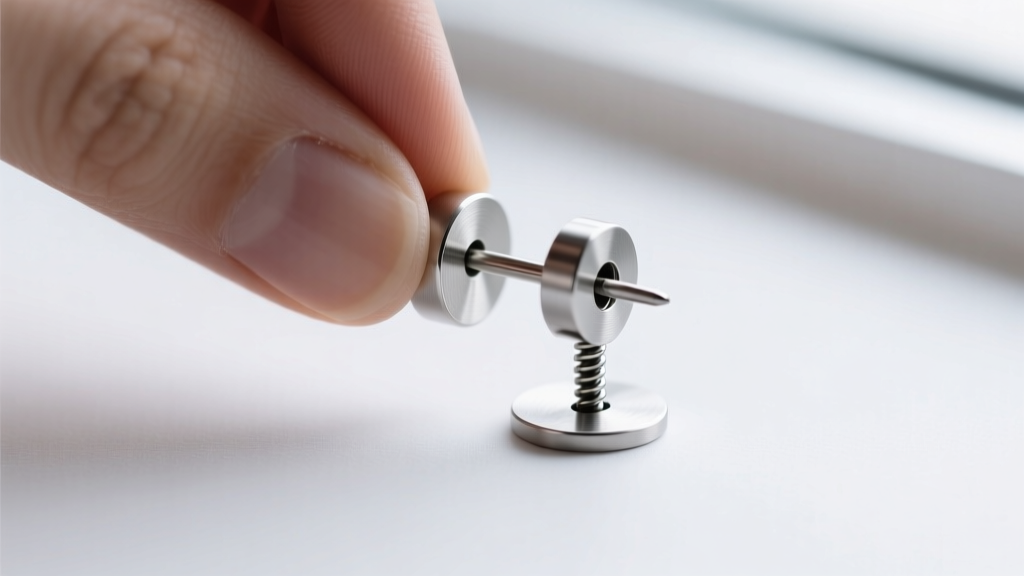 Top view of a threadless push-pin tragus earring inserting into a flat back post, showing tension-fit mechanism on a white backdrop