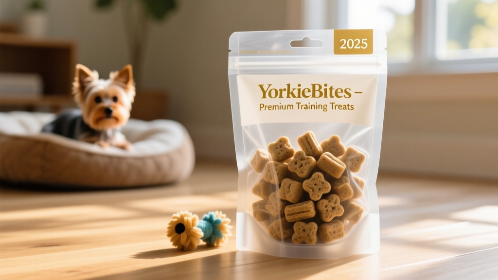 Small, soft training treats in a resealable pouch—perfect for Yorkies