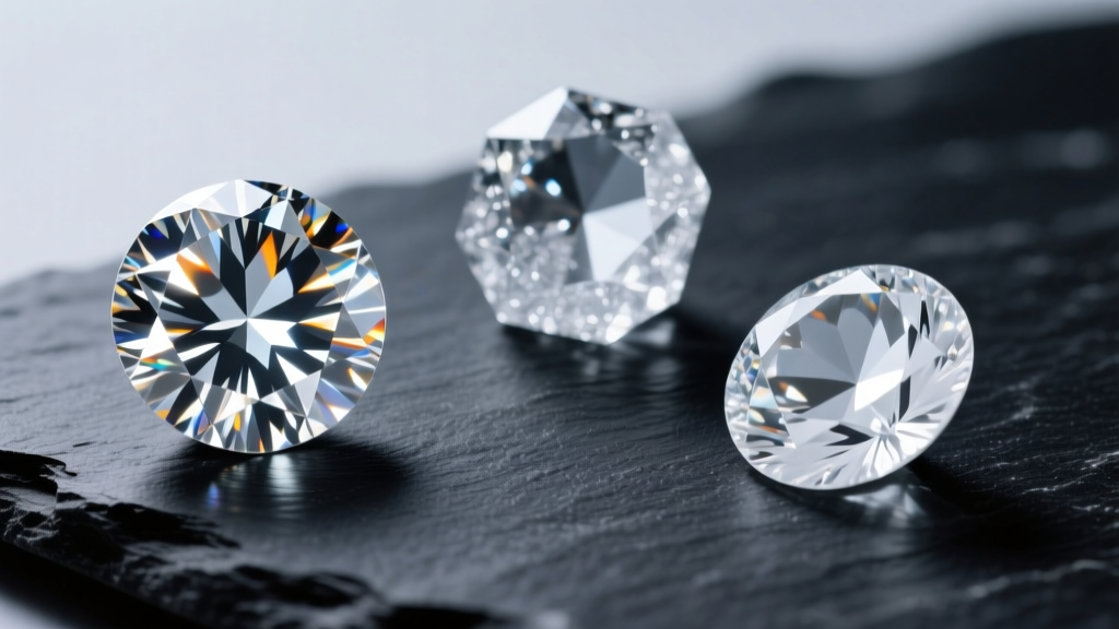Macro shot comparing a brilliant diamond, crushed ice moissanite, and white sapphire on dark slate under focused studio lighting