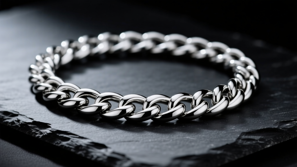 Close-up of a masculine 4mm 925 sterling silver Cuban link chain resting on dark slate with moody, directional studio lighting