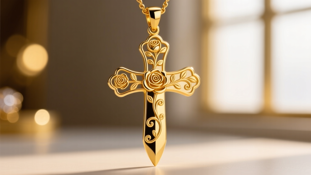 Macro shot of a rare 22k yellow gold dagger cross pendant showing rich warm luster and intricate hand-engraved floral motifs.