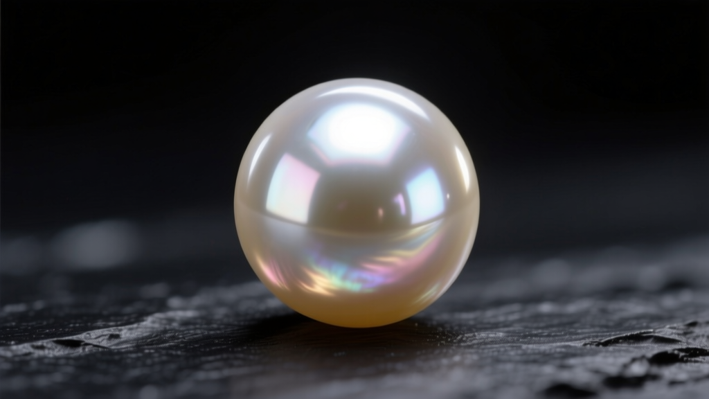 Macro photo of an 8mm Hanadama Akoya pearl bead displaying intense mirror-like luster and sharp light reflections on dark slate