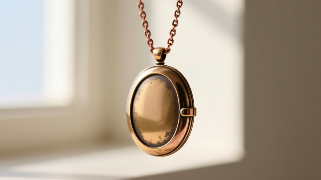 A raw brass oval locket necklace showing slight natural patina on the edges, hanging from a delicate oxidized copper chain.