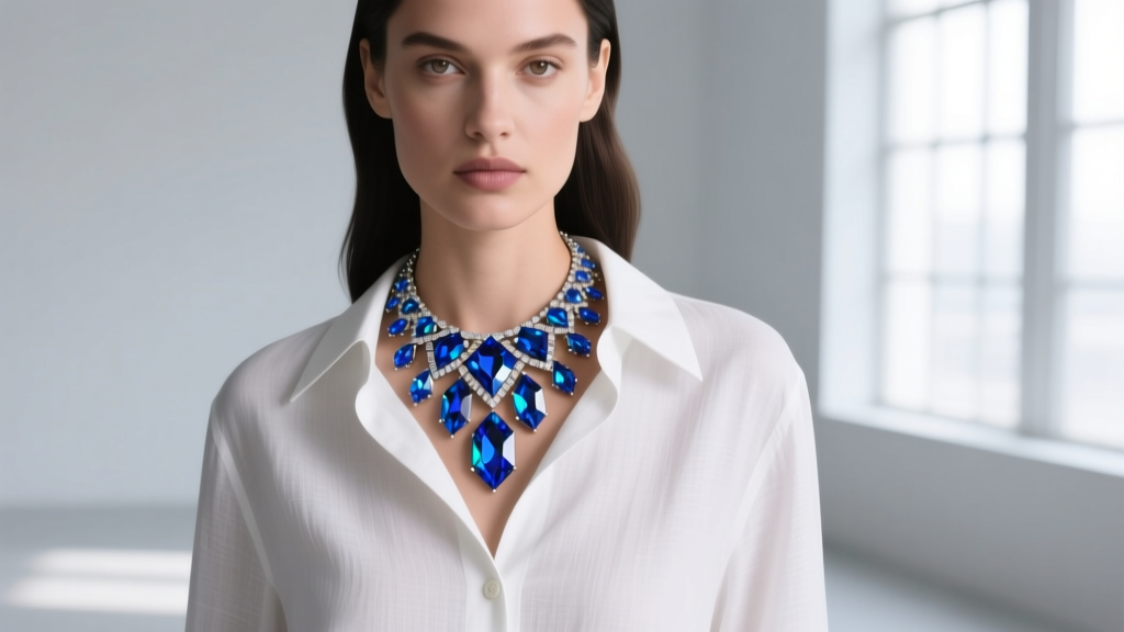 Editorial shot of a model wearing a bold blue crystal Lia Sophia collar necklace over a crisp white structured linen button-down