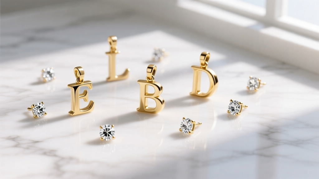 Minimalist 18k gold vermeil initial pendants and tiny bezel-set cubic zirconia studs arranged elegantly on a white marble surface