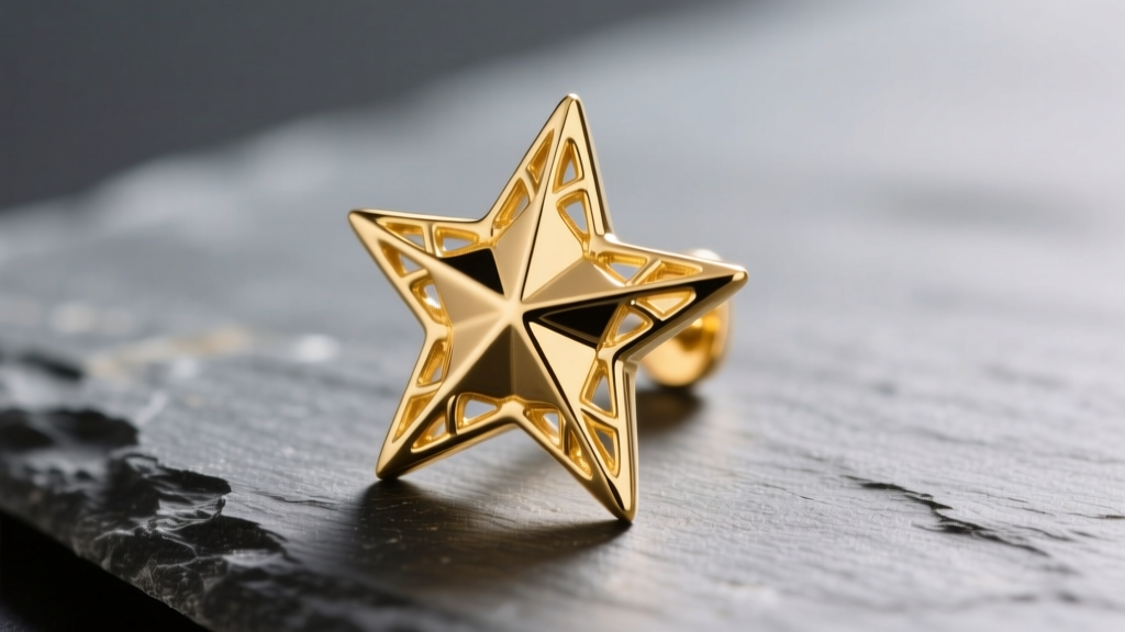 Close-up of a 14k yellow gold star earring on slate, highlighting sharp polished points and intricate metal casting details.