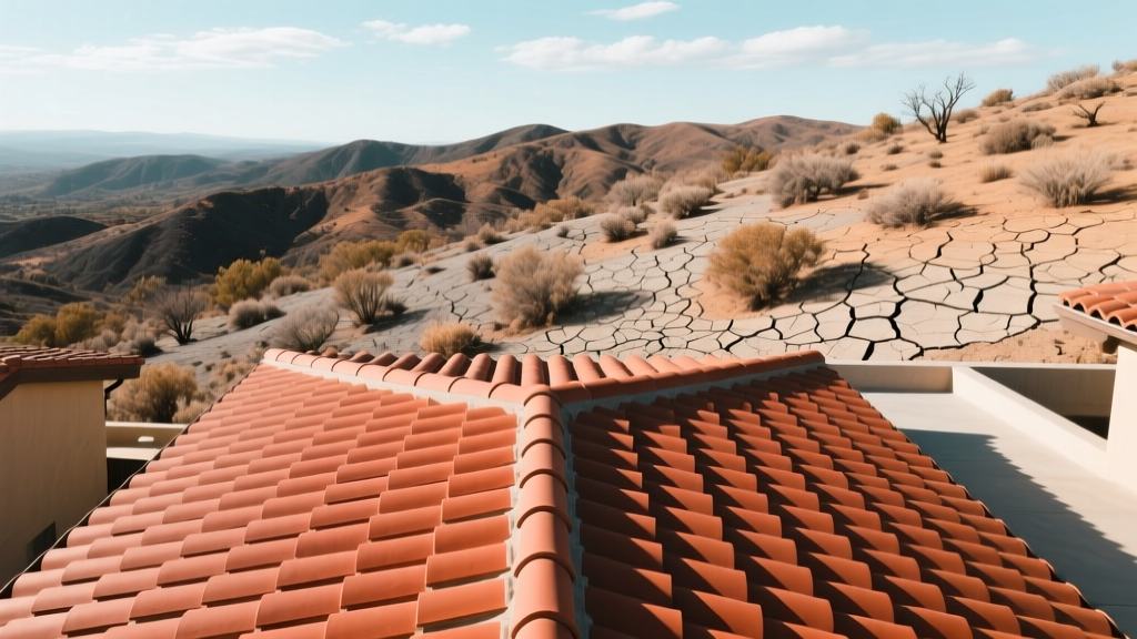 Aerial view of residential roof installed with interlocking clay tiles in terracotta red against a dry fire-prone hillside landscape
