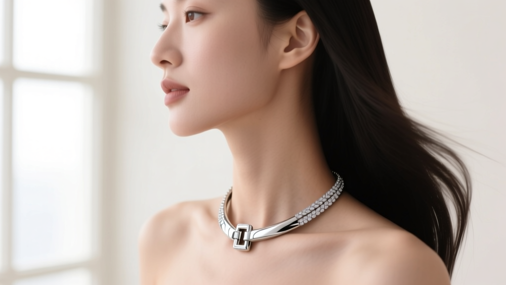 Side profile of a woman wearing a heavy platinum front clasp necklace with a magnetic closure, highlighting the bright luster.