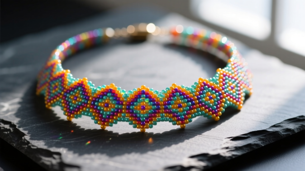 Macro photo of a vibrant geometric peyote stitch necklace made with uniform size 11/0 Miyuki seed beads resting on dark slate