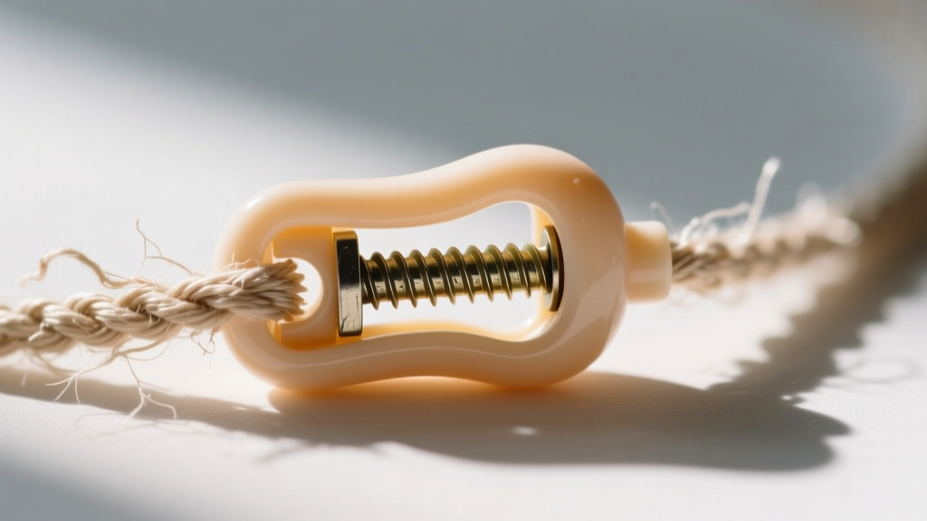 Technical teardown of a plastic screw-clasp from a baby necklace, showing internal threading and frayed silk stringing material.
