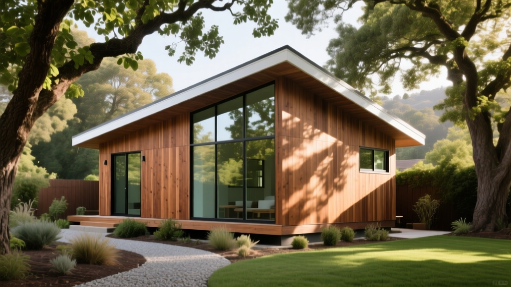 Modern 600-square-foot detached accessory dwelling unit with cedar siding in a mature oak tree-lined backyard in Los Altos, California
