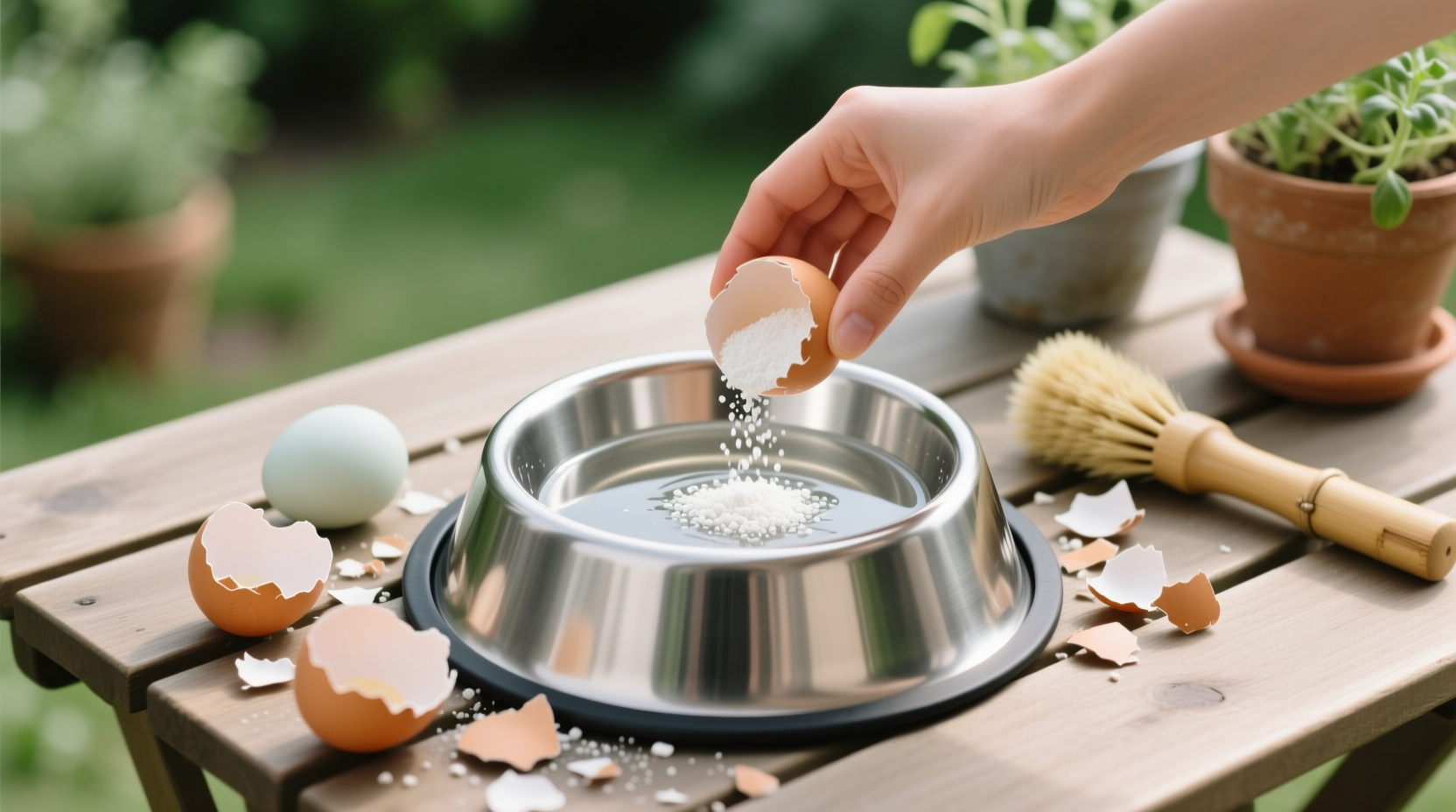 eco friendly cleaning stainless steel pet bowls with eggshells