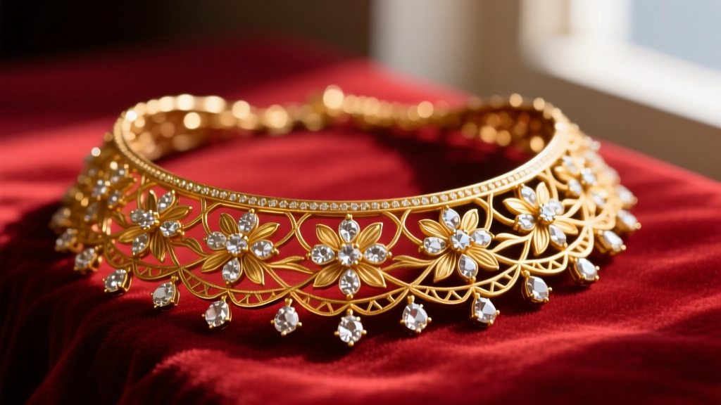 Macro shot of a 22-karat gold Indian bridal choker with Jadau craftsmanship and uncut Polki diamonds resting on dark red velvet