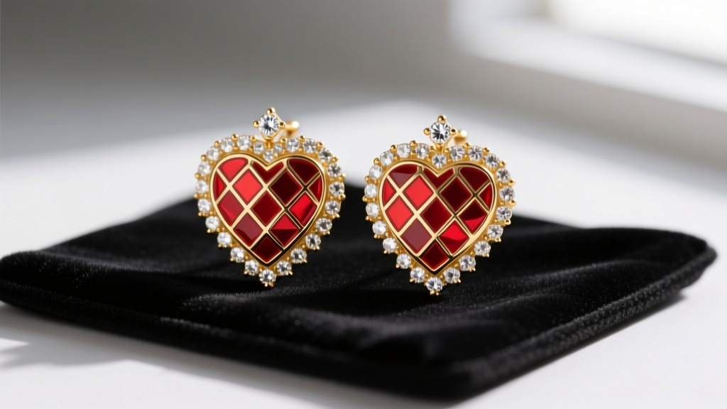 Close-up of 14k gold sacred heart earrings with red guilloché enamel and diamond halo resting on a dark velvet jewelry cleaning mat.
