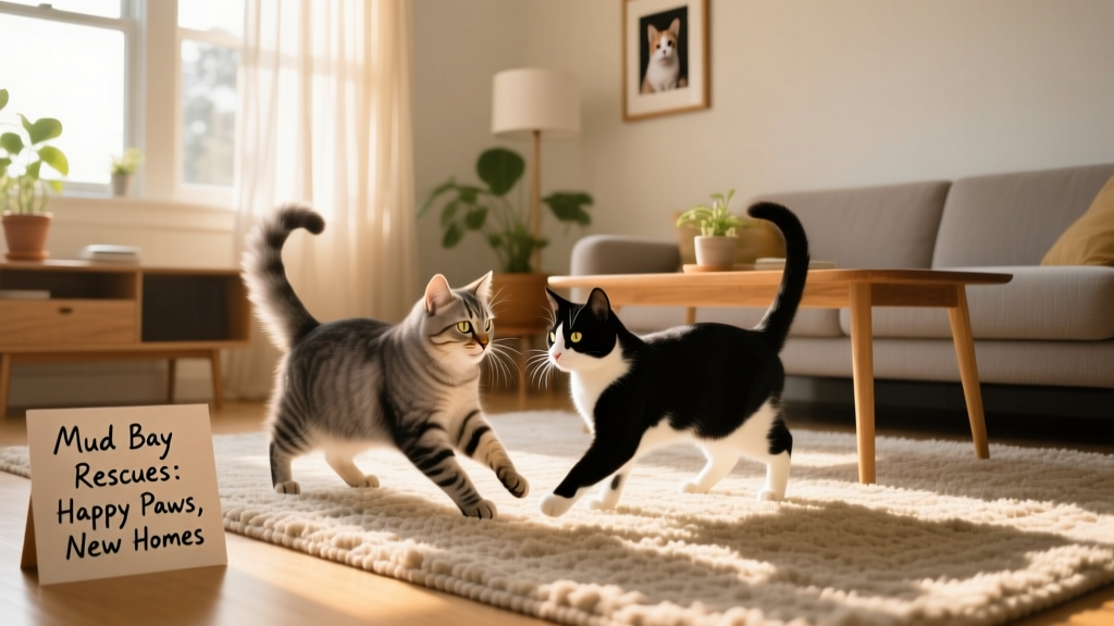 Two cats playing gently together in a sunlit living room, symbolizing successful rehoming and happy transitions