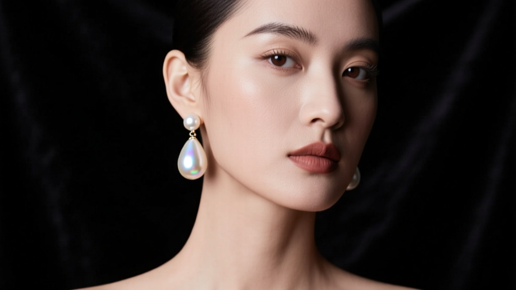 Portrait of a woman wearing a single large teardrop pearl earring, softly lit from the left side against a dark, moody background