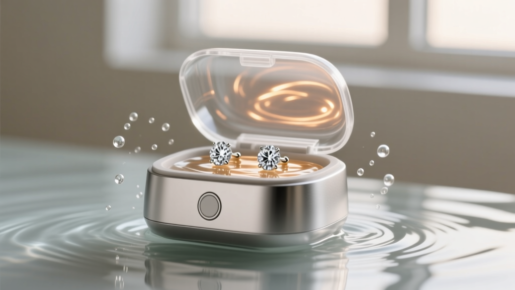 Sleek silver ultrasonic jewelry cleaner filled with warm water, actively vibrating to clean diamond stud earrings submerged inside
