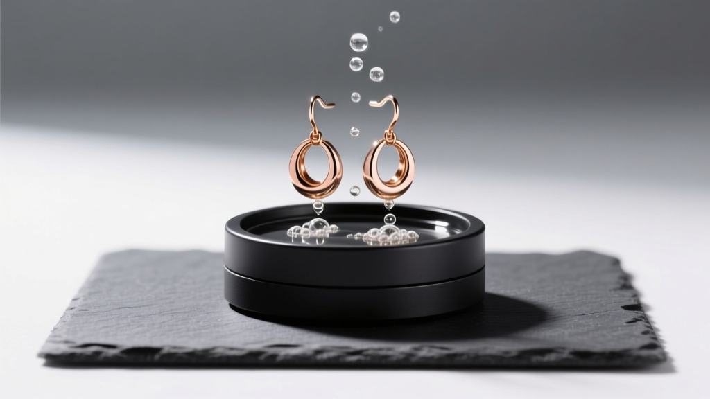 Ionic jewelry cleaner with black base, cleaning 10k rose gold earrings via electrolysis in a bright studio on a dark gray mat.