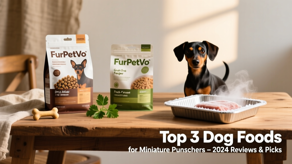 Side-by-side comparison of top three FurPetVo dog food bags: one dry kibble, one grain-free recipe, and one fresh-frozen meal tray