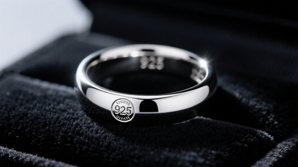 Macro shot of a 925 sterling silver ring on dark velvet, soft spotlight highlighting the inner hallmark stamp engraving clearly.