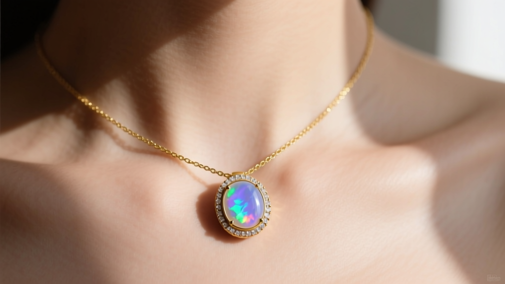 Bezel-set rainbow moonstone pendant on a 1.2mm 18k gold cable chain resting on a collarbone in warm, soft natural window light.