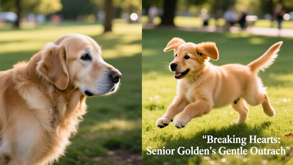 Side-by-side comparison showing subtle signs of aging in dogs: grey muzzle, calmer posture, gentle eye contact