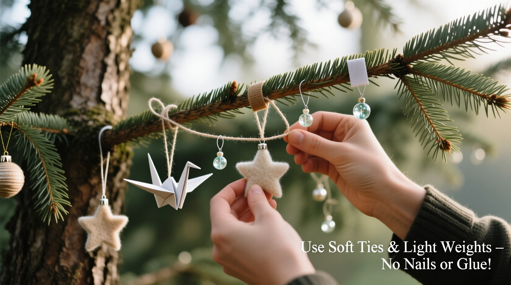 how to attach lightweight ornaments to a real fir tree without damaging fragile boughs