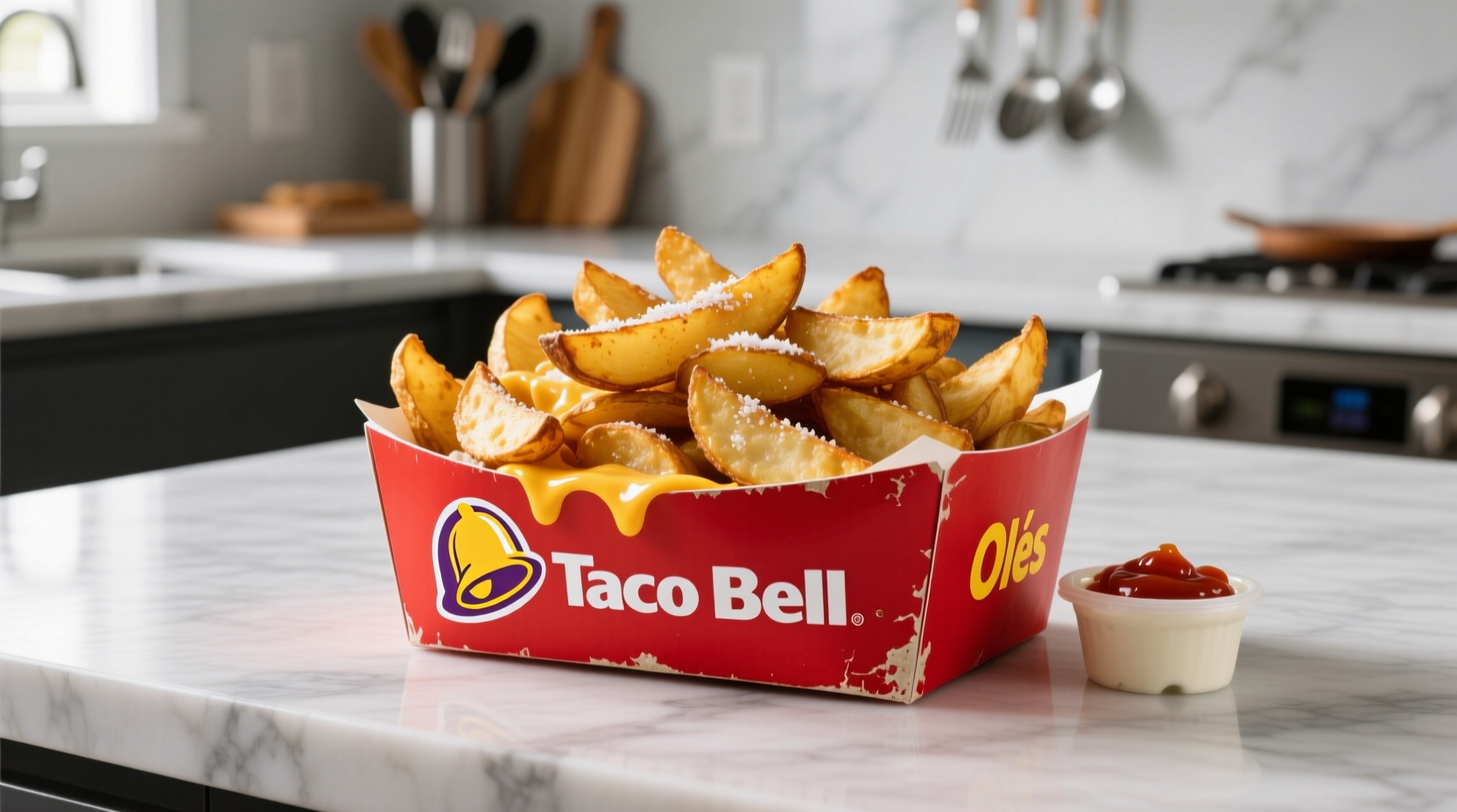 Taco Bell Potato Olés served in a red container