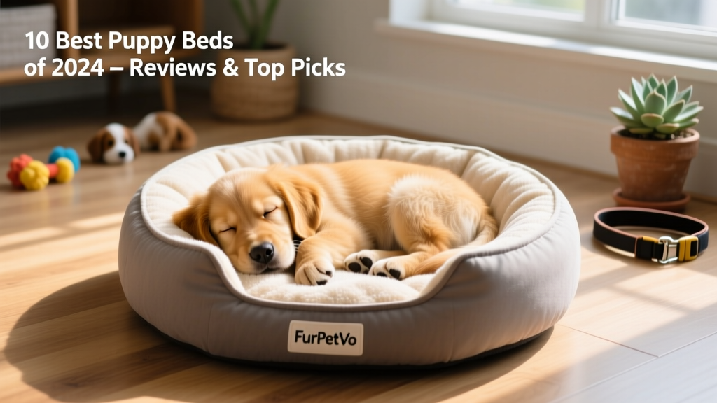 A golden retriever puppy curled up asleep in a soft, round FurPetVo puppy bed with removable cushion and chew-resistant fabric