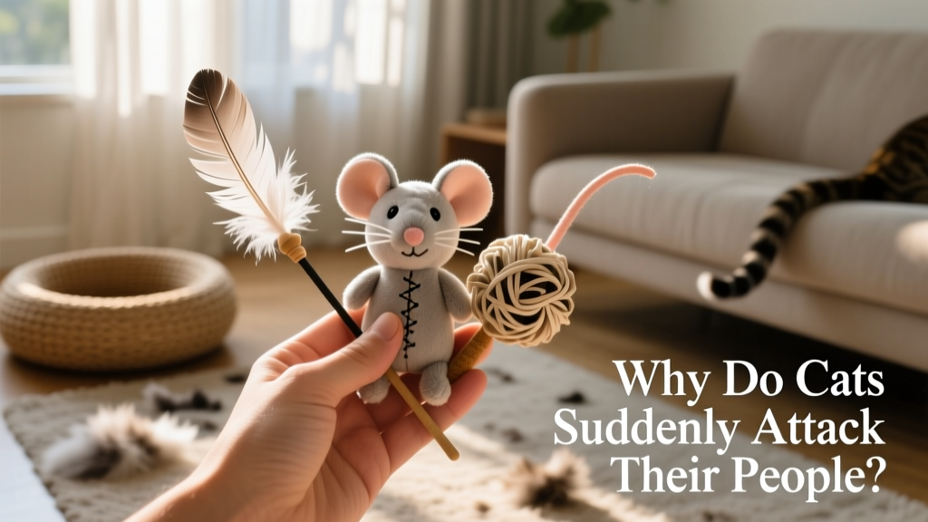 Hand holding a variety of cat-friendly toys including a feather wand, plush mouse, and crinkle ball
