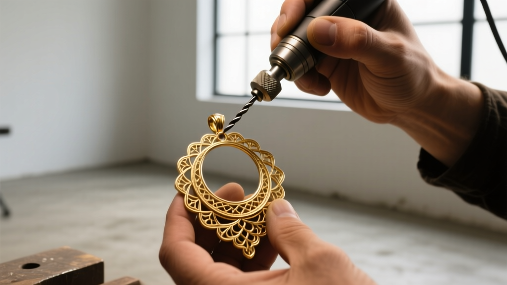 Artisan polishing a complex brass filigree pendant with a flex shaft, showcasing the metal