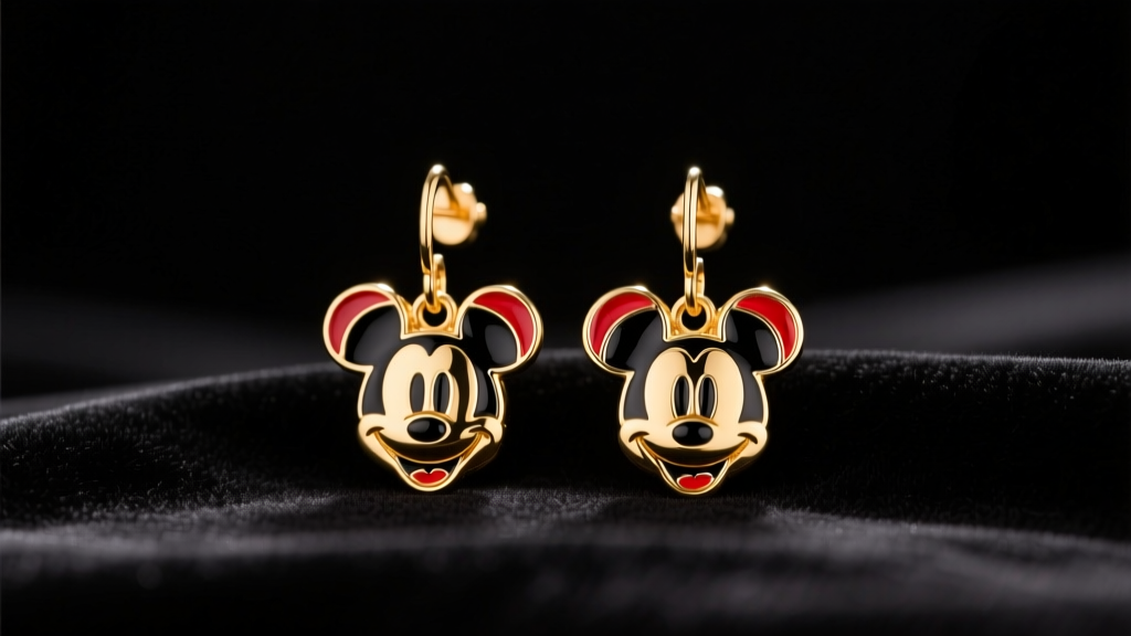 Gold Mickey Mouse dangle earrings on black velvet, showcasing glossy red and black enamel details under soft, warm studio lighting