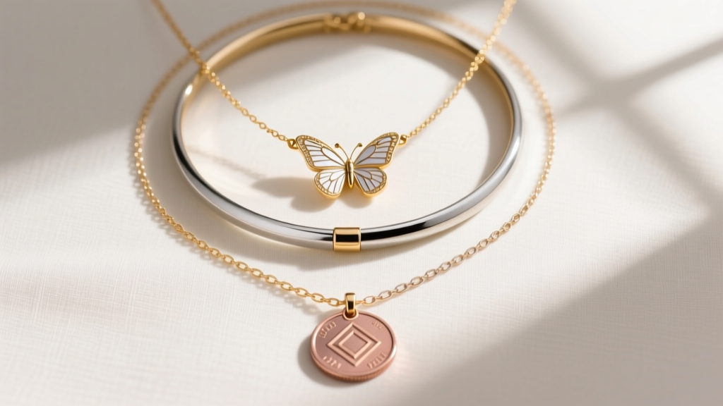 Flat lay of three layered necklaces featuring a 16-inch dainty butterfly necklace, a 14-inch choker, and an 18-inch coin pendant