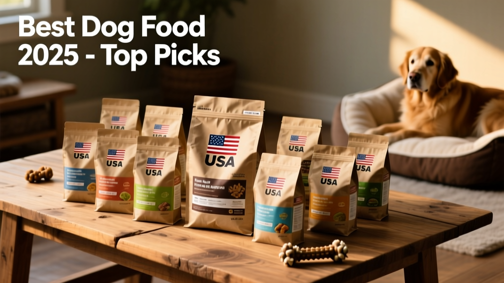 A diverse selection of high-quality dry and wet dog food bags labeled 'Made in USA'