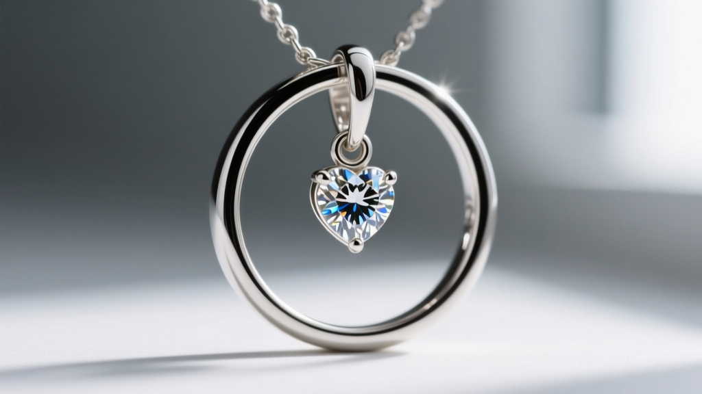 Macro photography of a 5mm soldered jump ring attaching a tiny diamond heart charm to a polished sterling silver circle frame.