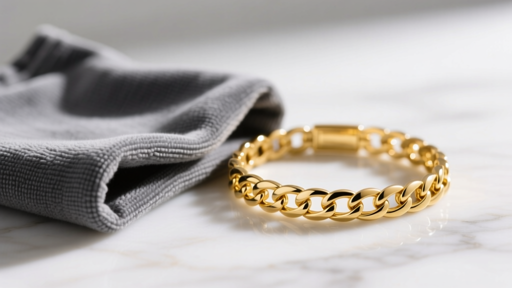 Close-up of folded grey microfiber cloth resting next to a sparkling 18k yellow gold tennis bracelet on a white marble surface.