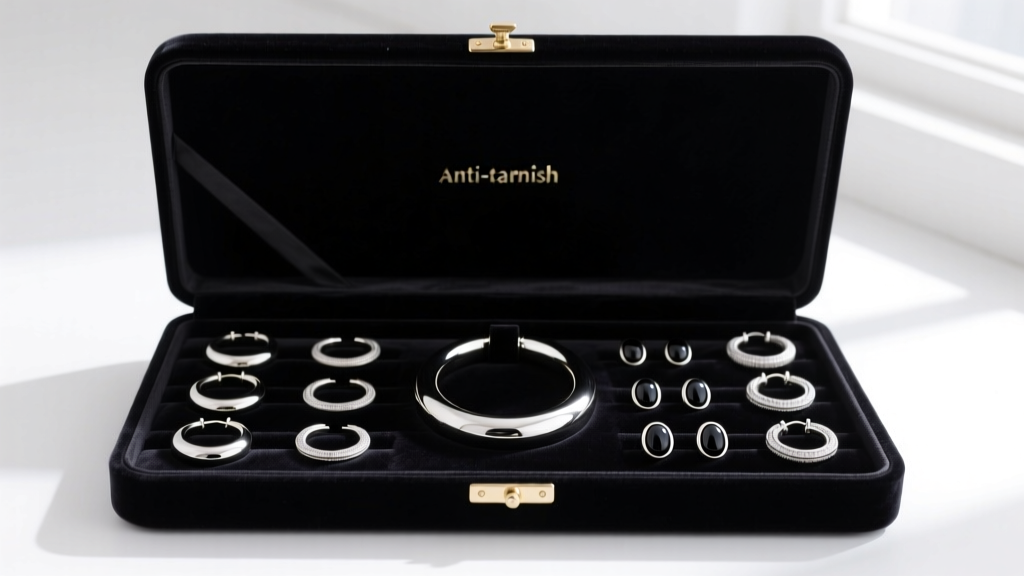 A velvet-lined anti-tarnish jewelry box containing neatly organized 20-gauge and 18-gauge onyx sterling silver hoops and huggies.