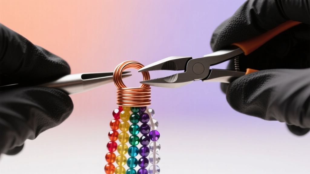 Macro shot of hands using pliers to create a secure wrapped loop on 22-gauge wire above a gradient of colorful rainbow seed beads.