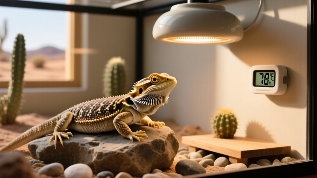 A bearded dragon basking under a ceramic heat emitter, with a thermometer visible nearby showing optimal ambient temperature