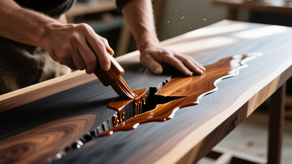 Close-up of a craftsman applying walnut-tinted epoxy wood filler into a deep gouge on a raw black walnut dining table slab.