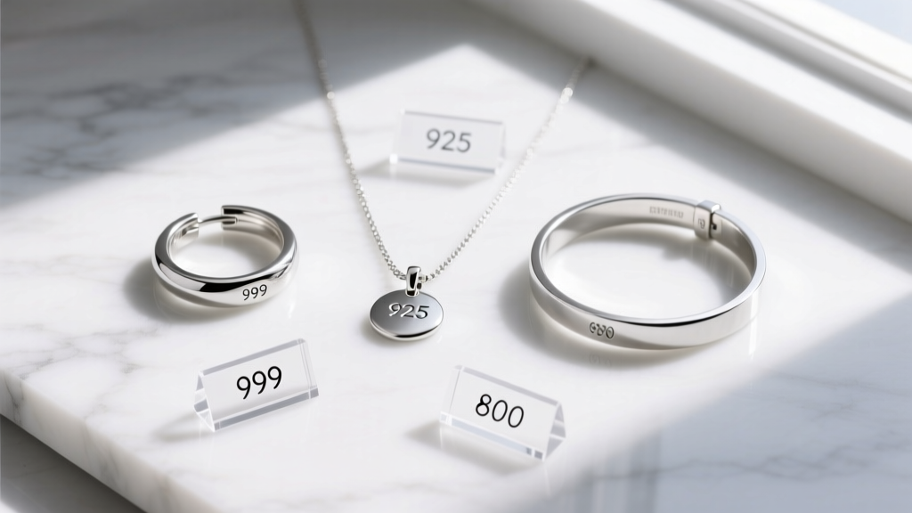 Overhead flat-lay of silver jewelry with small acrylic labels pointing to clearly visible 999, 925, and 800 metal purity stamps