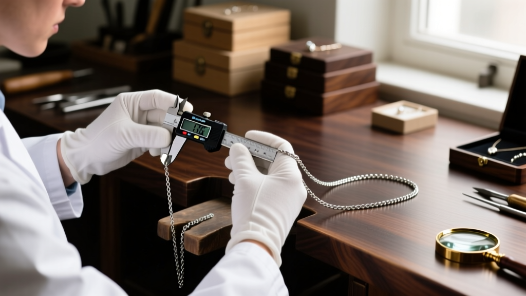 Jeweler using digital calipers to measure the wire gauge of a 1.5mm steel bead chain necklace link on a dark wooden workbench.