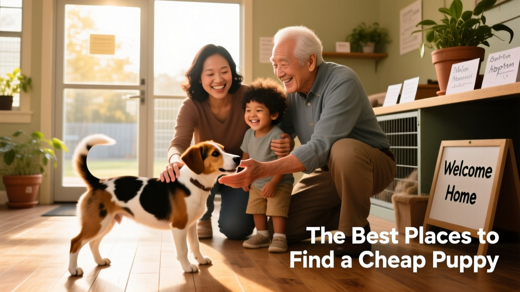 A joyful family adopting a young mixed-breed puppy from a local animal shelter