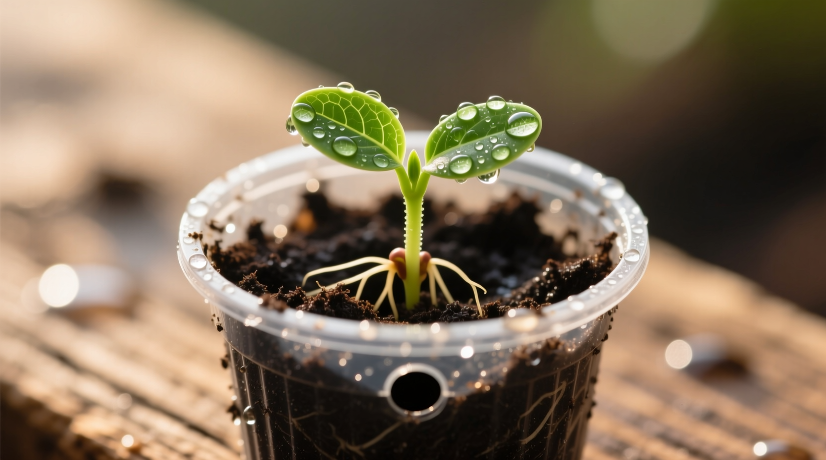Seedling growing in starter pot with soil and water droplets