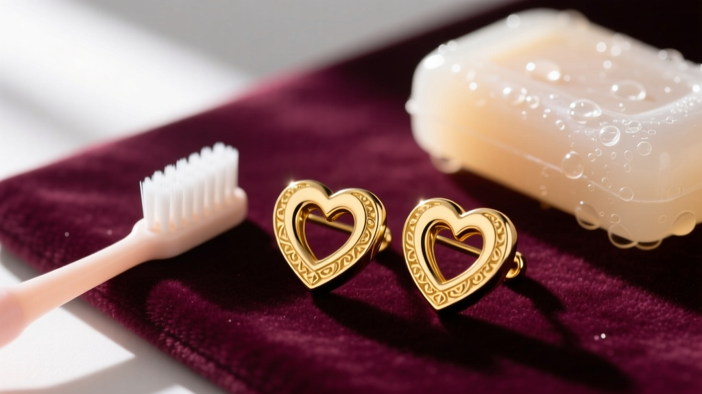 Close-up of 14k yellow gold heart hoop earrings on a velvet mat next to a soft baby toothbrush and mild soap, ready for cleaning.