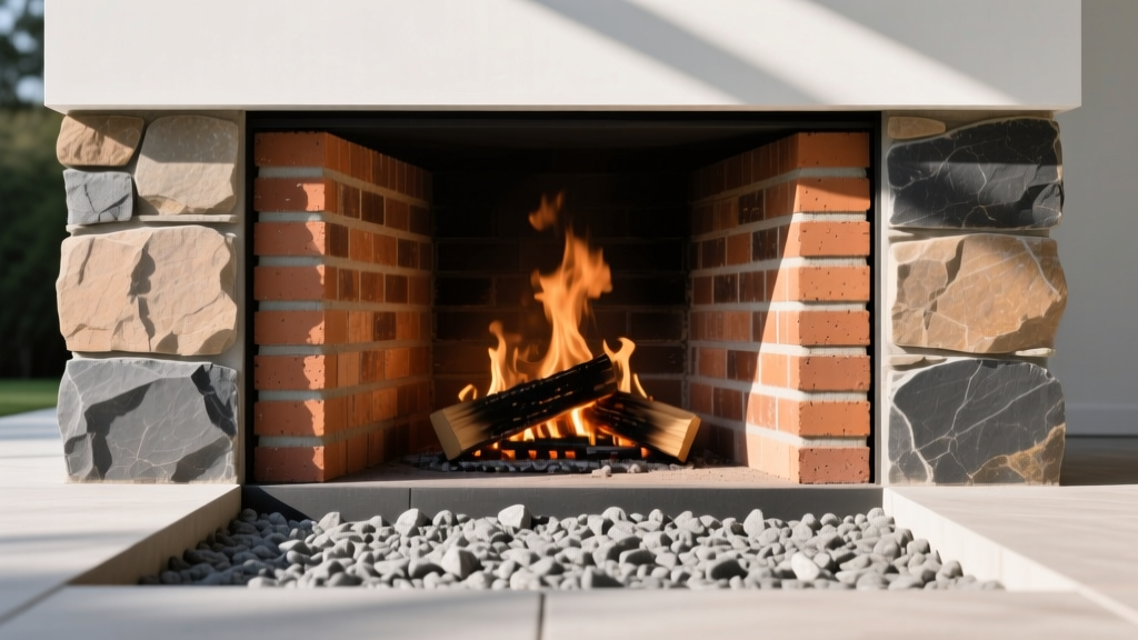 Cross-section of a masonry fire pit showing inner refractory firebrick lining, outer stone veneer, and gravel drainage base