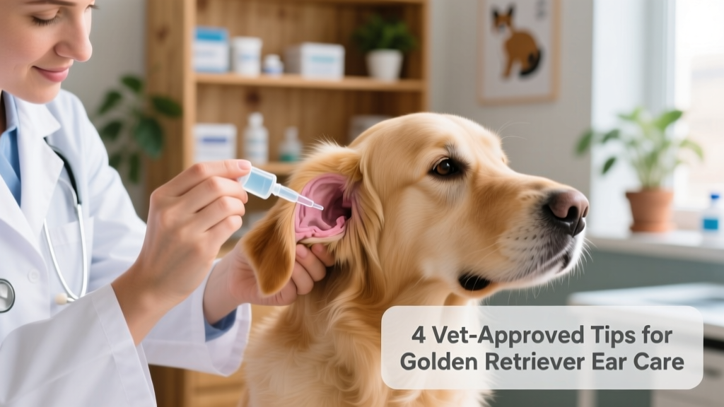 Close-up of a veterinarian demonstrating proper technique: holding ear flap open and applying cleaning solution to base of ear canal